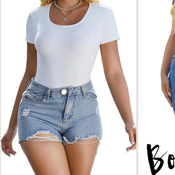 NIP/NWT 4 (FOUR) SHORT SLEEVE SQUARE NECK BODYSYUITS-S/1 each WH-BLK-BL-BR - Picture 3 of 14